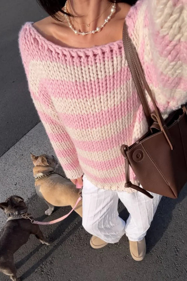 Delvey Pink Striped Chunky Knit Sweater