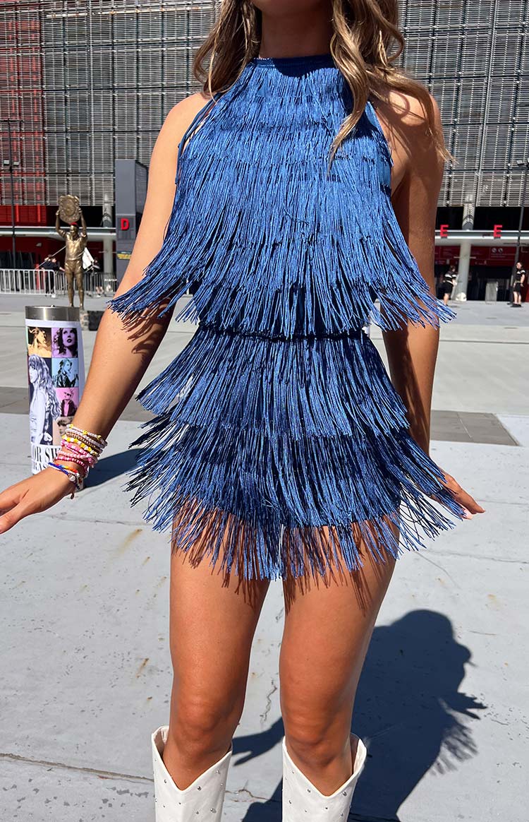 blue tassel dress Demie Playsuit - US 12 American Living Elegant Black stretchy material outdoor-event Length:Regular / Long