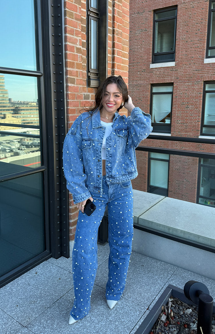 Denim Dazzle Pearl Mid Wash Denim Jacket | Beginning Boutique US