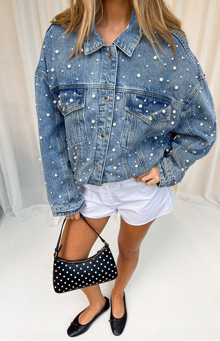 Denim Dazzle Pearl Mid Wash Denim Jacket | Beginning Boutique US