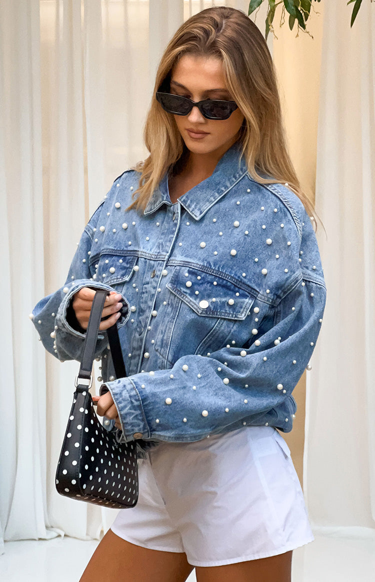 Denim Dazzle Pearl Mid Wash Denim Jacket | Beginning Boutique US