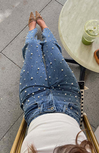 denim and pearls dress code Denim Dazzle Pearl Mid Wash High Waisted Jeans - 8