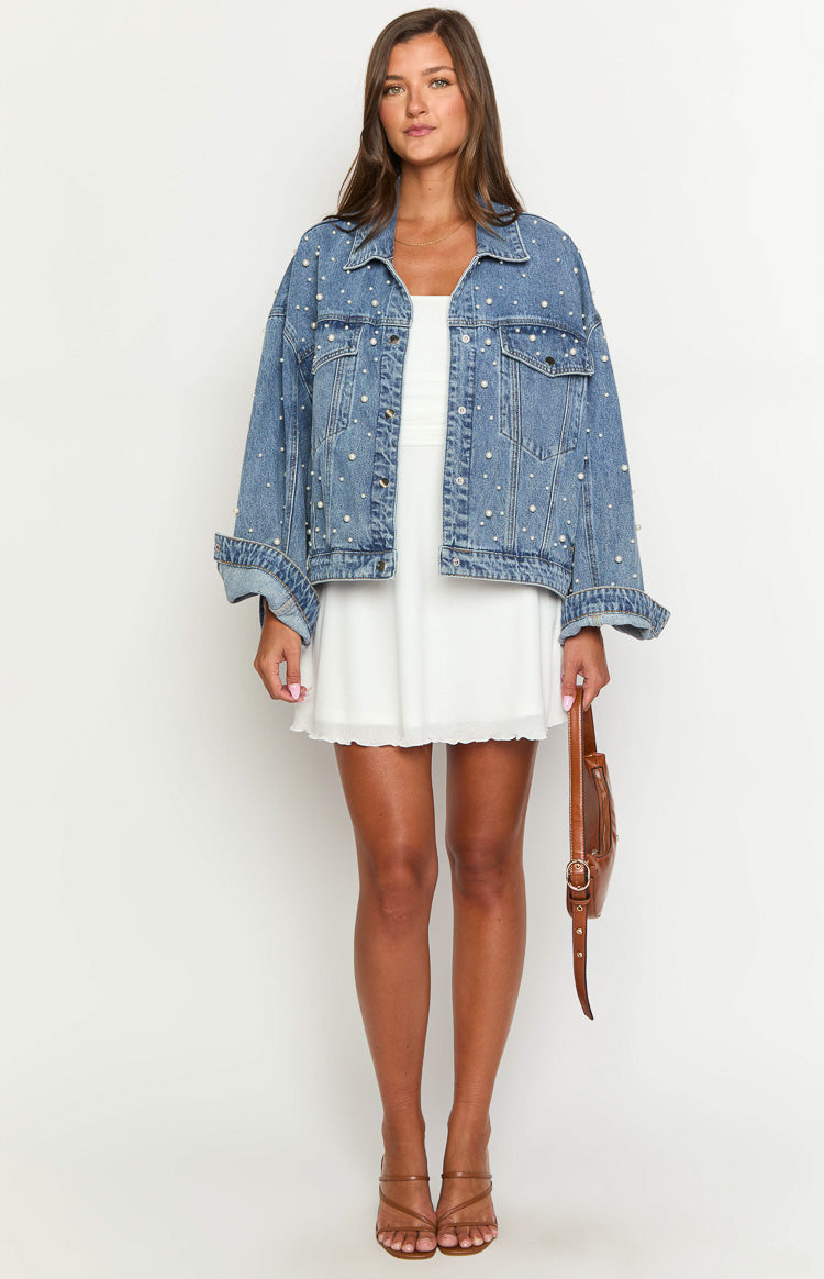 Denim Dazzle Pearl Mid Wash Denim Jacket | Beginning Boutique US