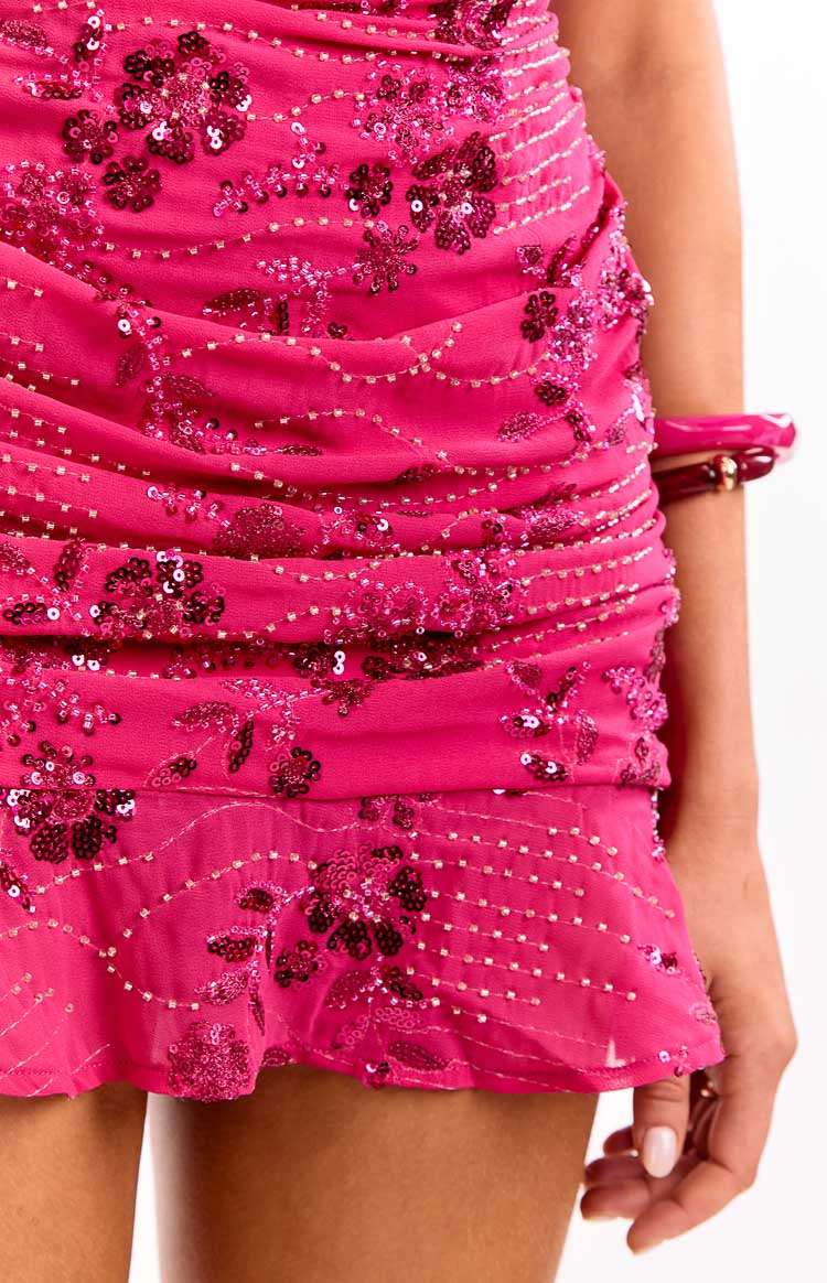 Denver Hot Pink Strapless Beaded Party Mini Dress Image