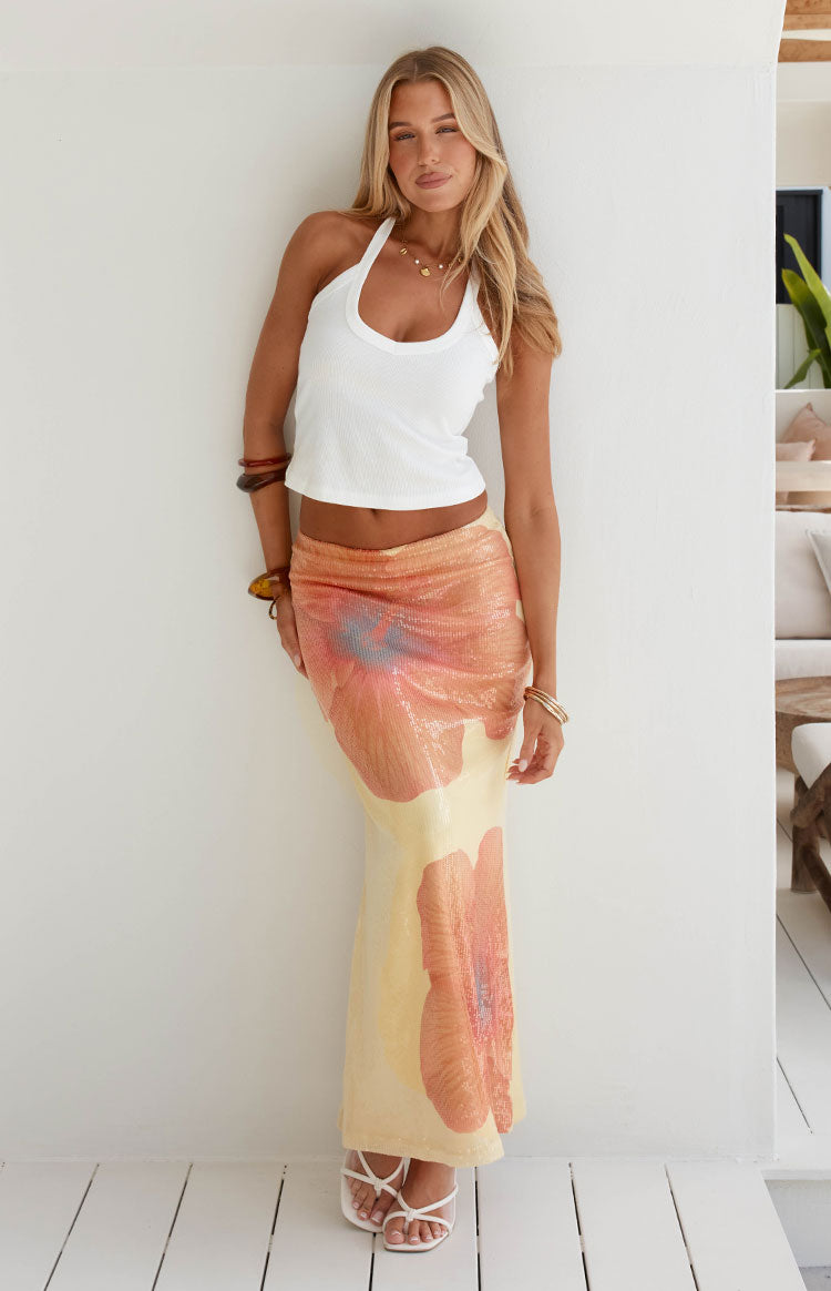 Beginning Boutique Denzel Yellow Floral Sequin Maxi Skirt yellow sequin maxi skirt with orange floral pattern
