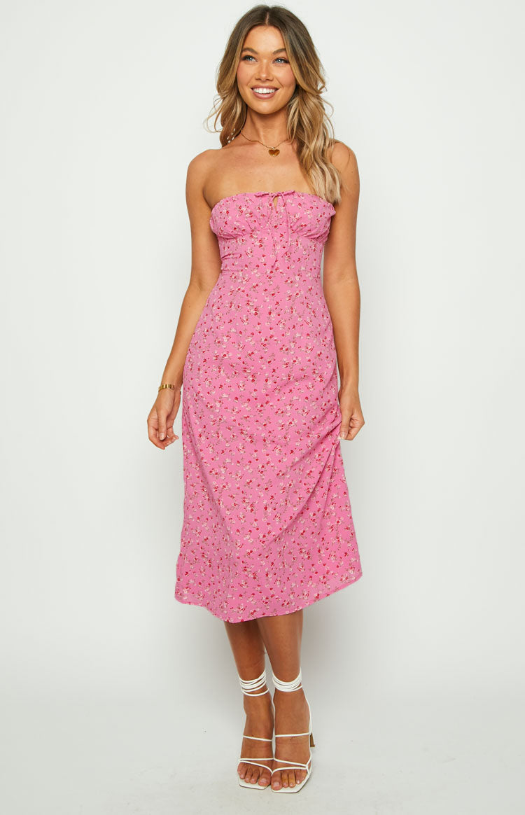 Dion Pink Floral Strapless Midi Dress Image