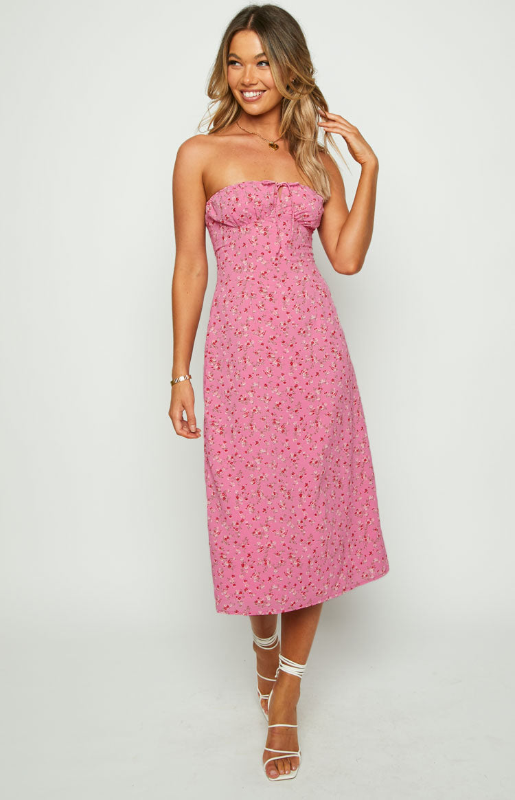 Dion Pink Floral Strapless Midi Dress – Beginning Boutique US