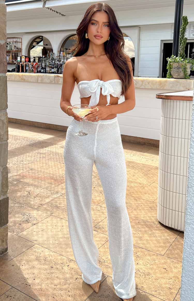 Disco White Sequin Knit Pants - US 8 | Beginning Boutique Exclusive Disco White Sequin Knit Pants - US 8 | Beginning Boutique Exclusive