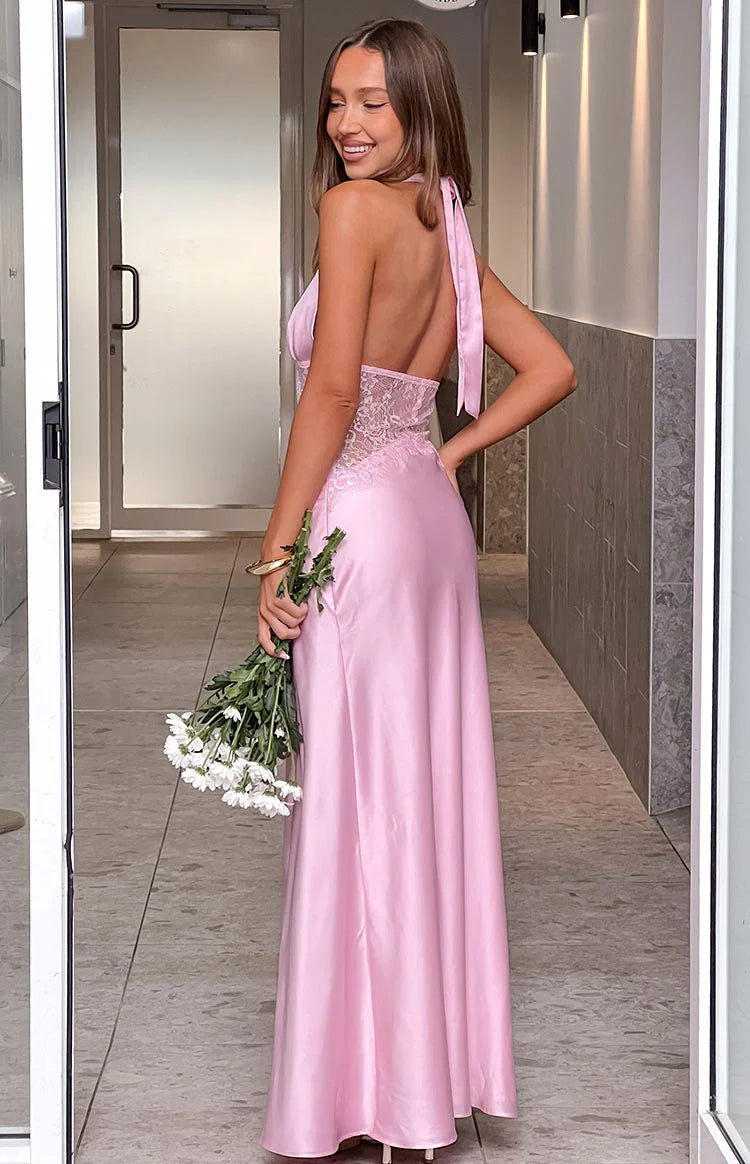 Divandi Pink Lace Halter Neck Formal Maxi Dress - US 10 | Beginning Boutique Exclusive Divandi Pink Lace Halter Neck Formal Maxi Dress - US 10 | Beginning Boutique Exclusive