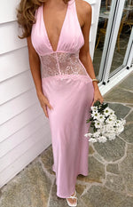 Divandi Pink Lace Halter Neck Formal Maxi Dress