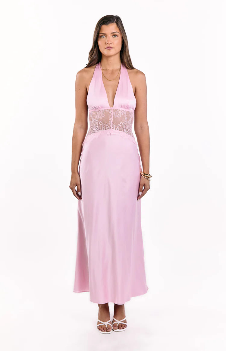 Divandi Pink Lace Halter Neck Formal Maxi Dress | Beginning Boutique US Divandi Pink Lace Halter Neck Formal Maxi Dress | Beginning Boutique US