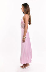 Divandi Pink Lace Halter Neck Formal Maxi Dress