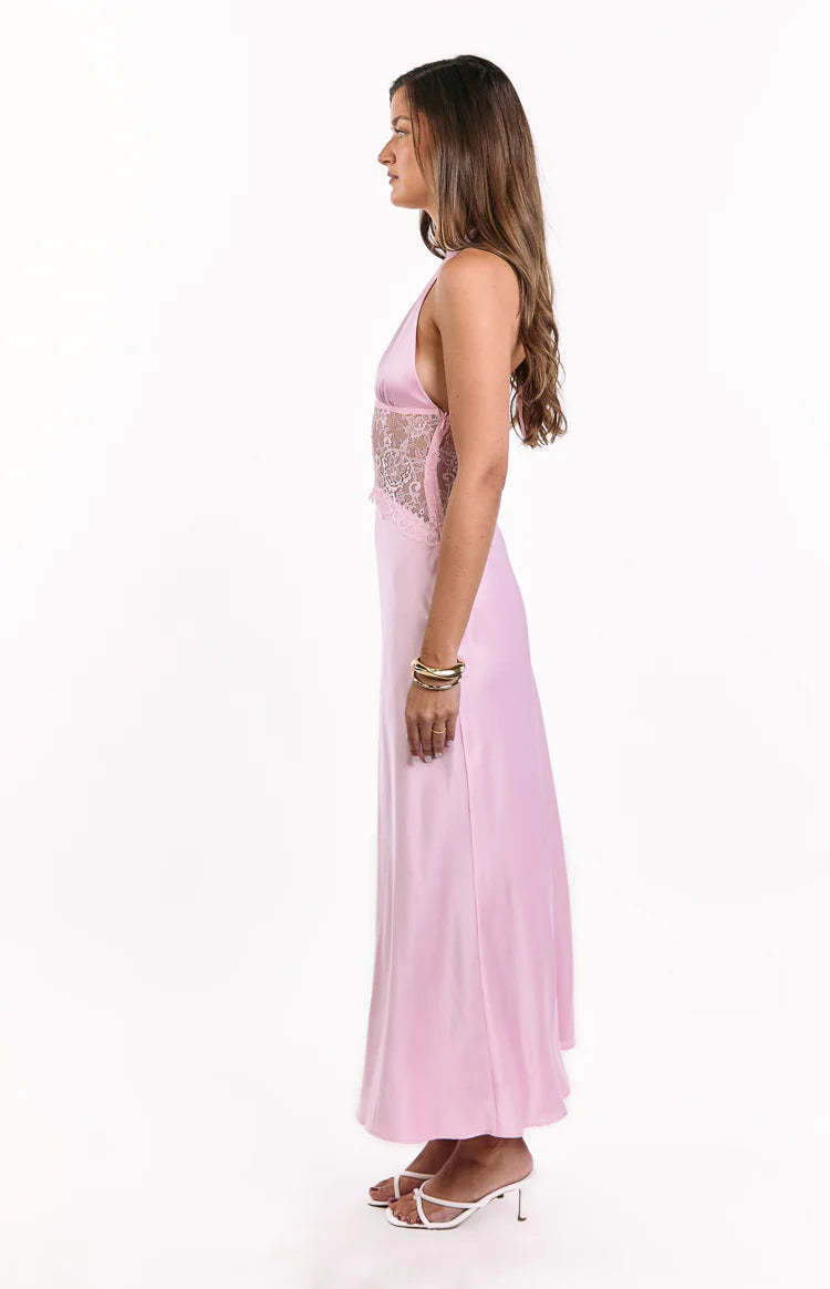 Divandi Pink Lace Halter Neck Formal Maxi Dress - US 10 | Beginning Boutique Exclusive Divandi Pink Lace Halter Neck Formal Maxi Dress - US 10 | Beginning Boutique Exclusive