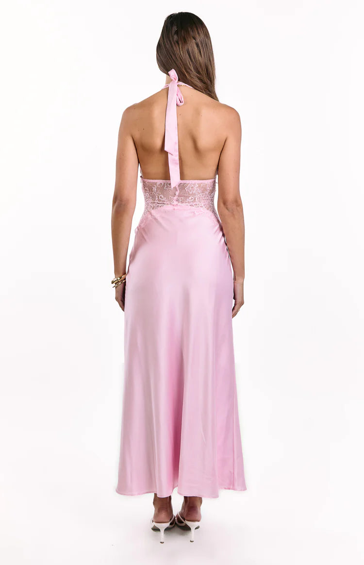 Divandi Pink Lace Halter Neck Formal Maxi Dress - US 10 | Beginning Boutique Exclusive Divandi Pink Lace Halter Neck Formal Maxi Dress - US 10 | Beginning Boutique Exclusive