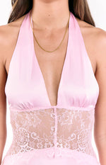 Divandi Pink Lace Halter Neck Formal Maxi Dress