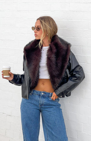 Dolci Black Fur Collar PU Jacket