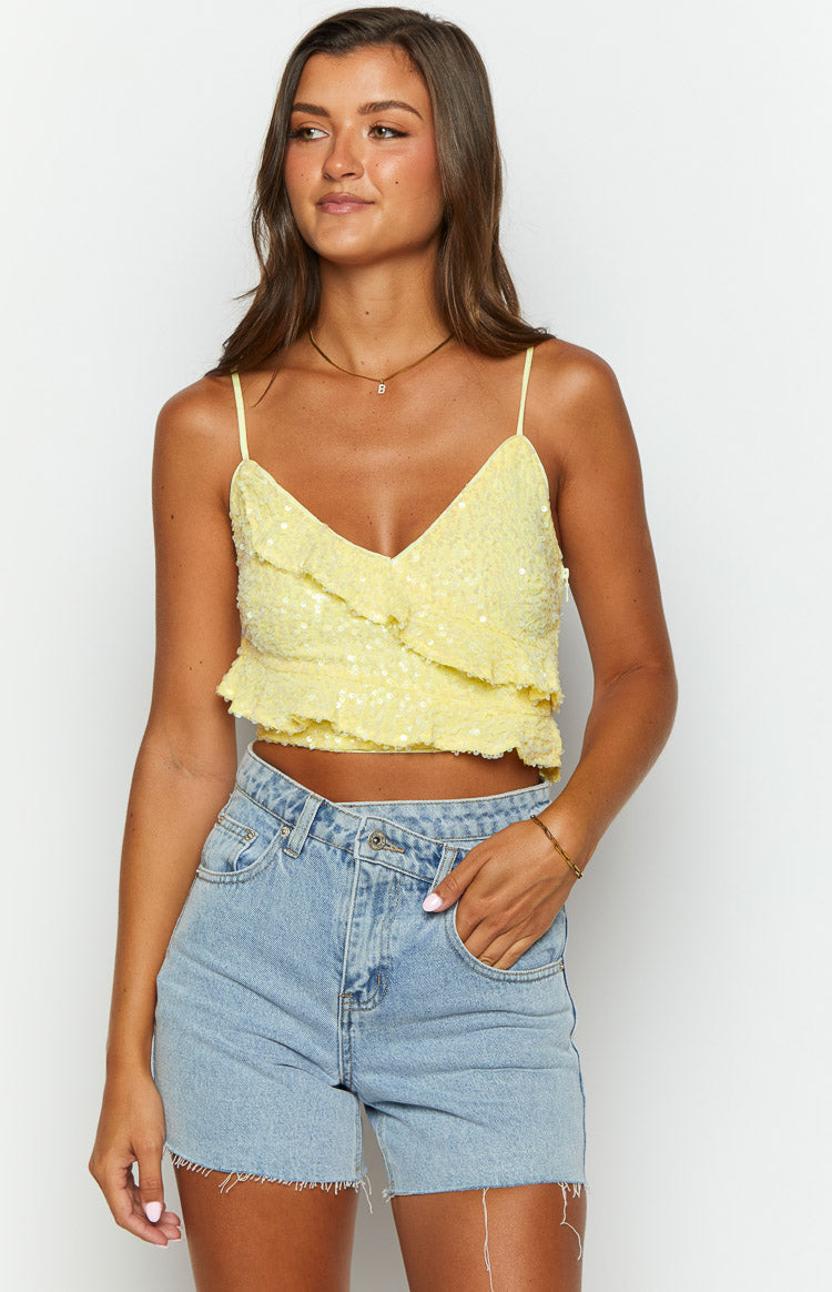 Dolly Yellow Sequin Crop Top Beginning Boutique US