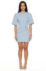Blue crepe mini dress with silver O-ring waist detail and draped fabric