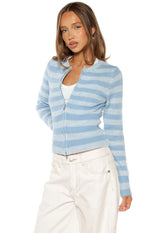 Blue and white striped fuzzy knit sweater with a silver full-zip front and cropped fit