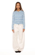 Dori Blue Boat Neck Zip Front Stripe Knit Sweater Image