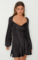 Beginning Boutique Marienne Black Mini Dress black satin cowl neck mini dress with long flared sleeves and a side slit