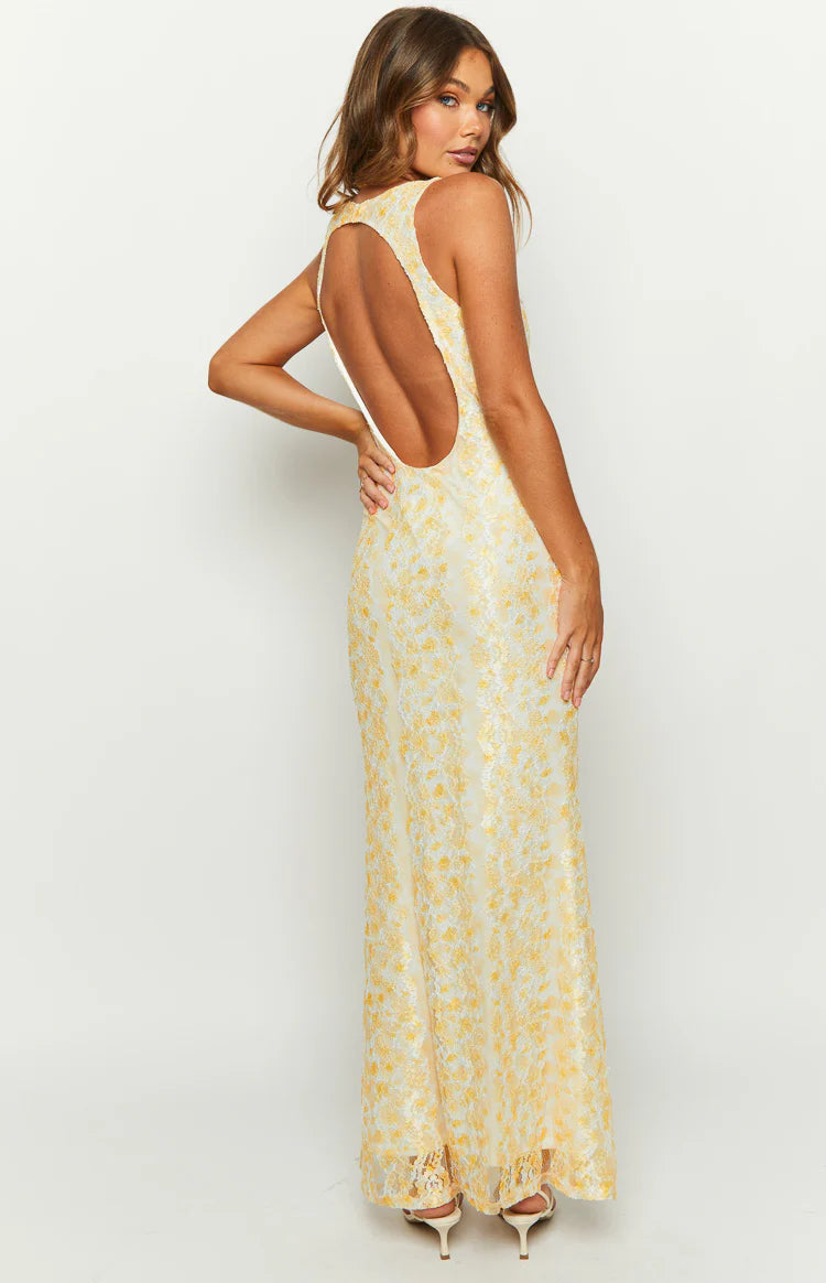 Farida Yellow Lace Maxi Dress - US 6 | Beginning Boutique Exclusive Farida Yellow Lace Maxi Dress - US 6 | Beginning Boutique Exclusive