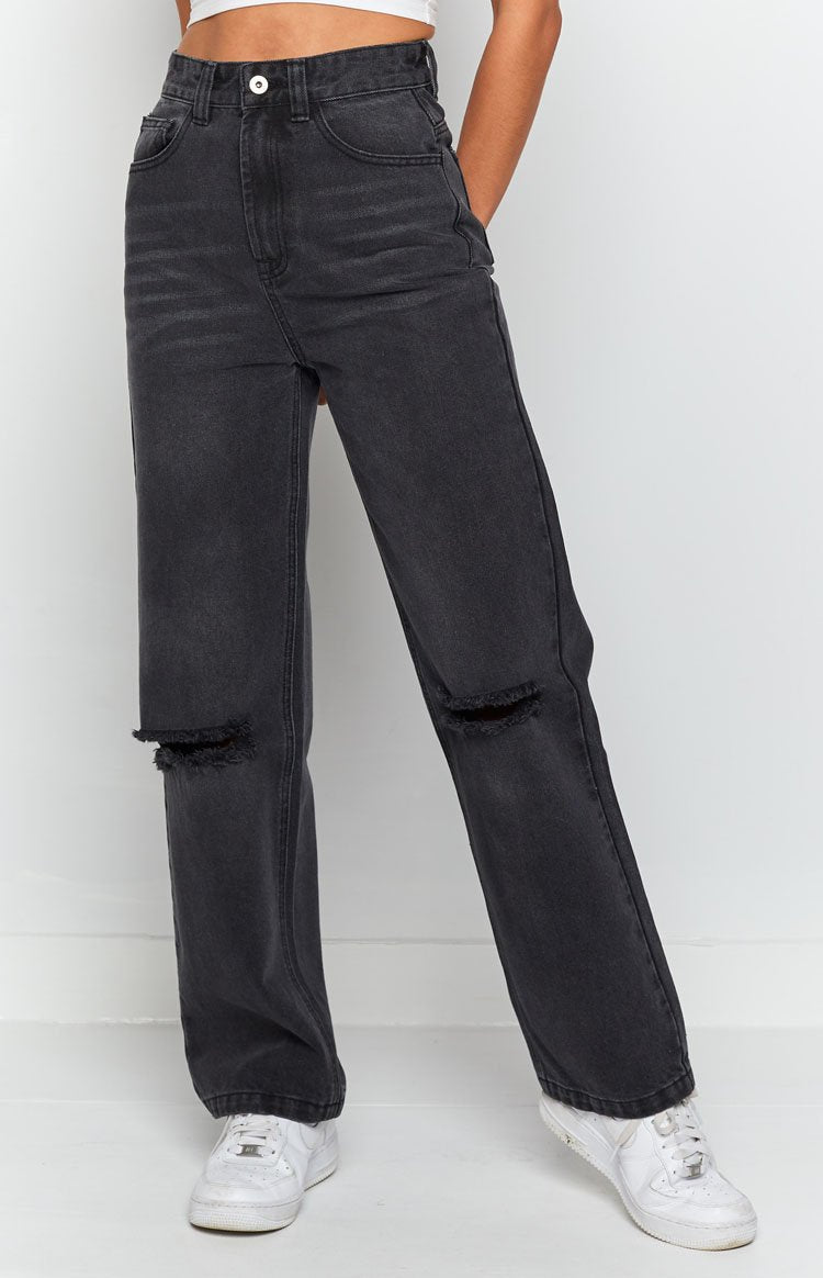 Black wash Robin Wide Leg Jeans with distressed ripped knees and a high waist
