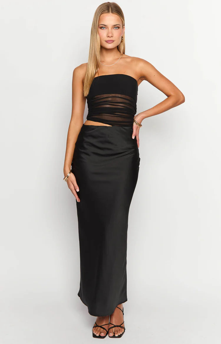 Elinor Black Satin Maxi Dress - 12