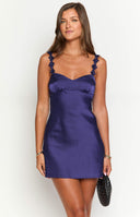 Beginning Boutique Marbelle Navy Satin Mini Dress navy satin sweetheart mini dress with floral applique straps