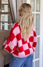 Envi Pink And Red Checkered Knit Cardigan