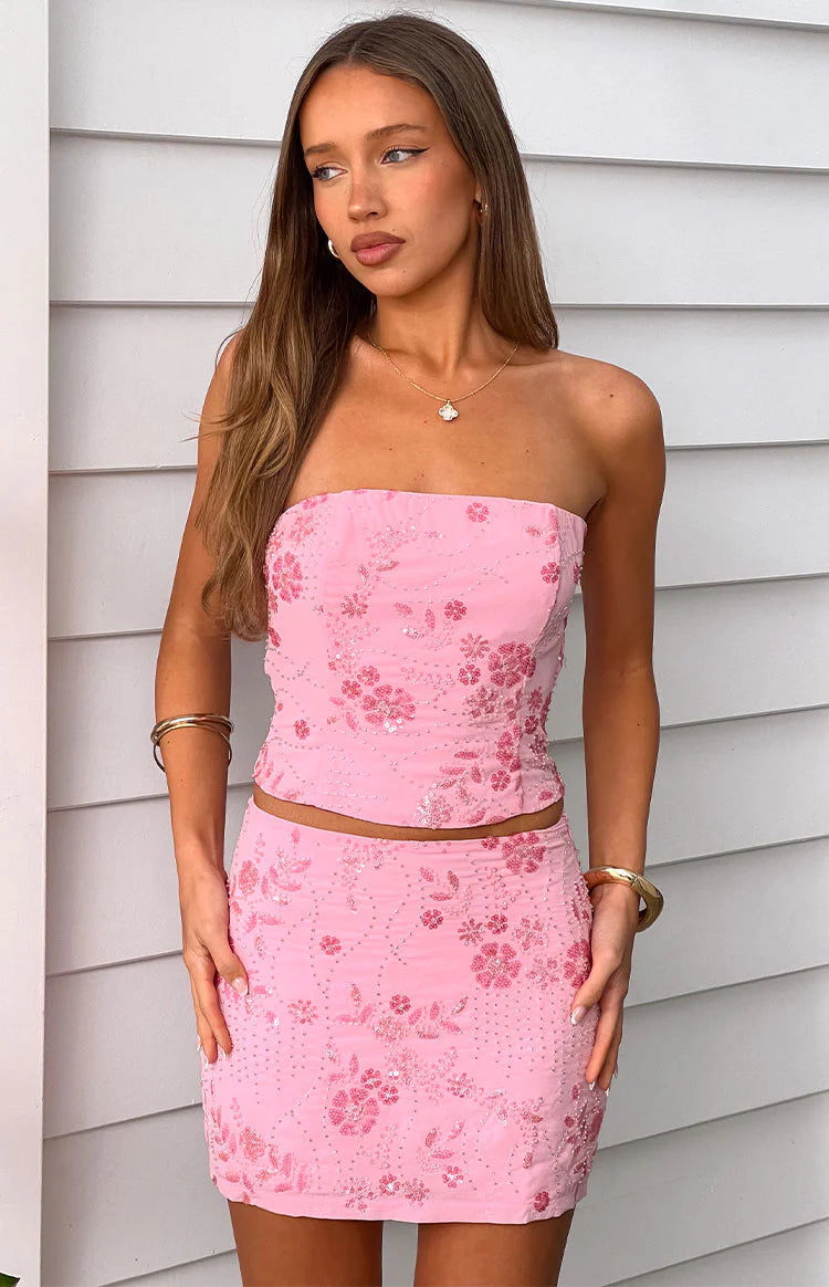 Eivissa Light Pink Beaded Mini Skirt - US 2