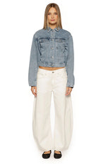 Elana Mid Wash Cinched Waist Denim Jacket