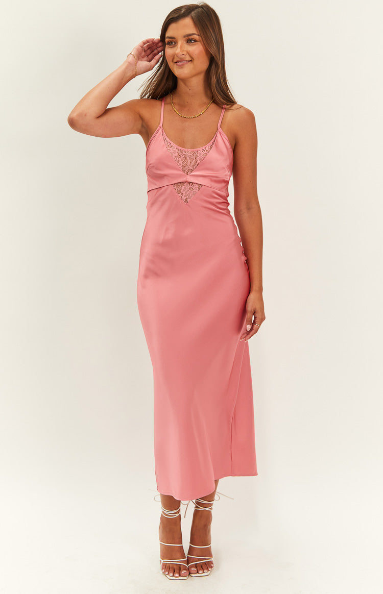 open lace back dress Parina Pink Strappy Volume-Hem Midi Dress – Club L London main image 1
