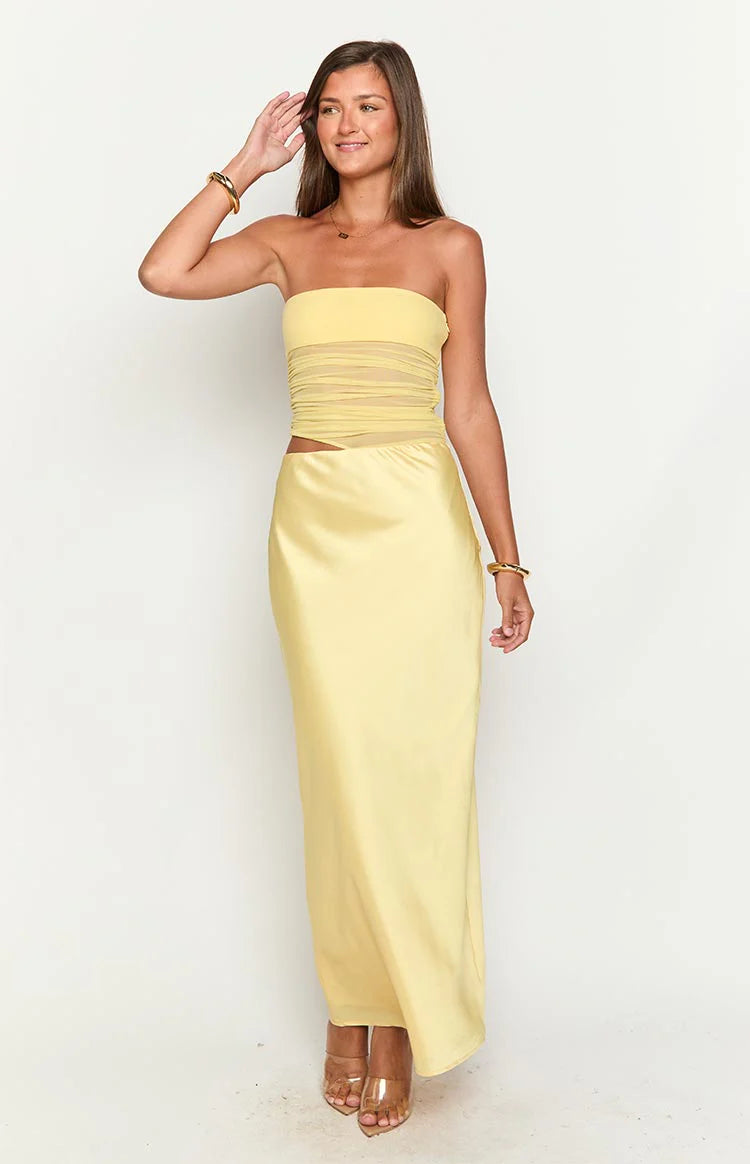 Elinor Yellow Satin Maxi Dress - 12 | Beginning Boutique Exclusive Elinor Yellow Satin Maxi Dress - 12 | Beginning Boutique Exclusive