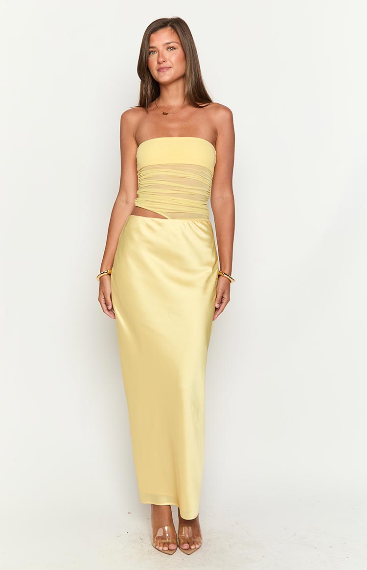 Elinor Yellow Satin Maxi Dress | Beginning Boutique US
