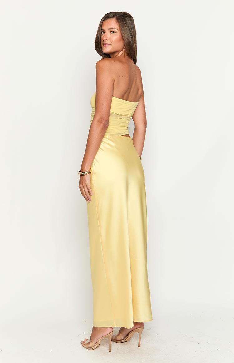 Elinor Yellow Satin Maxi Dress | Beginning Boutique US