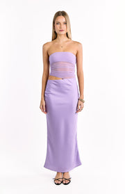 Lilac strapless maxi dress with a sheer ruched mesh bandeau bodice and waist cutouts