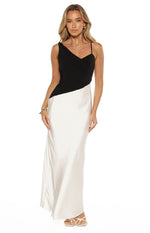 Beginning Boutique Elise Black Satin Cowl Front Maxi Dress black and cream two-tone satin maxi dress with asymmetric cowl front and thin strap