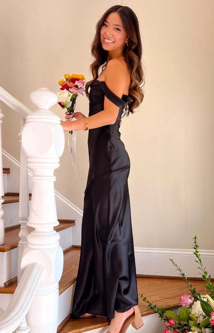 Black Off Shoulder Satin Dress Ella Black Off Shoulder Formal Maxi Dress - US 0 Black Off Shoulder Satin Dress Ella Black Off Shoulder Formal Maxi Dress - US 0