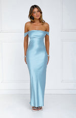 Full length front view of a light blue satin off-shoulder maxi dress with draped sleeves