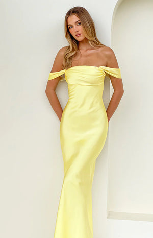 Ella Light Yellow Off Shoulder Formal Maxi Dress