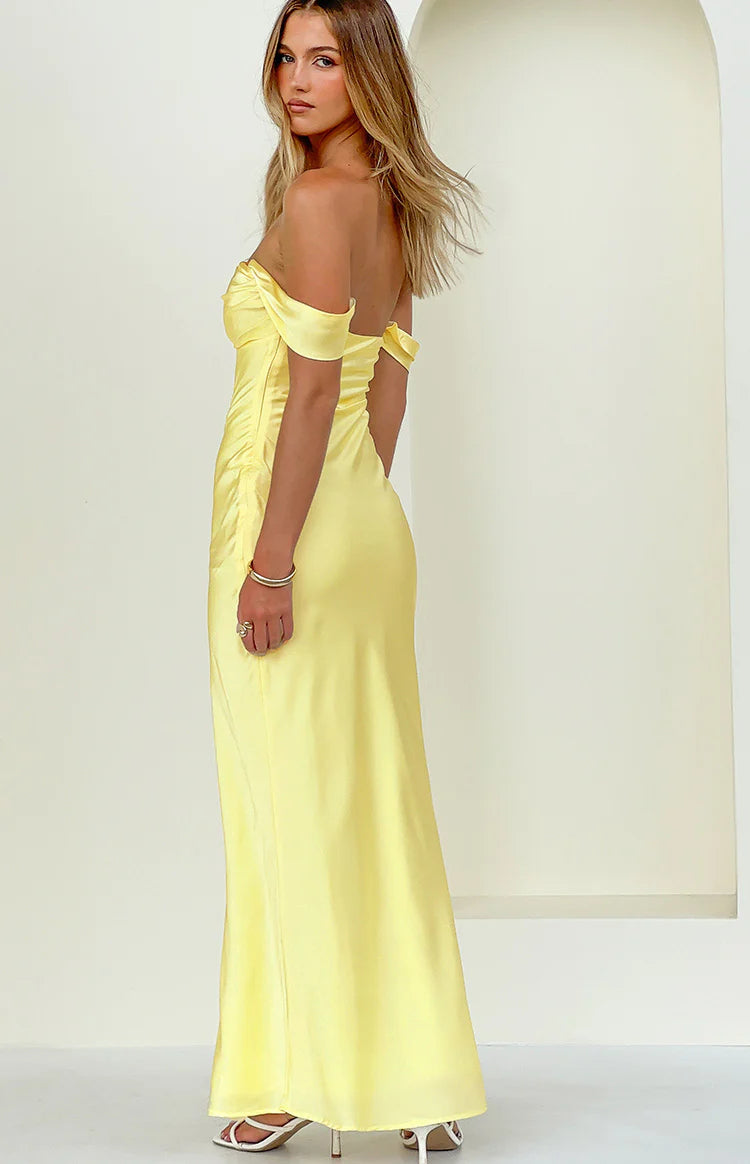 Ella Light Yellow Off Shoulder Formal Maxi Dress