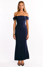 Ella Navy Off Shoulder Crepe Formal Maxi Dress Image