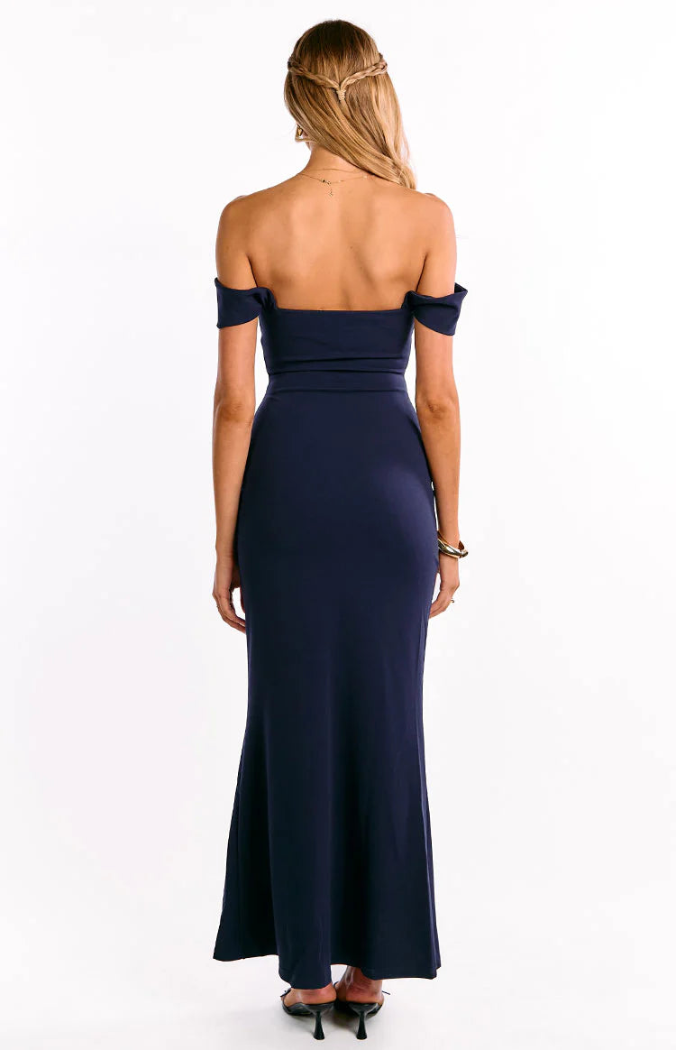 Ella Navy Off Shoulder Crepe Formal Maxi Dress