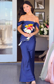 Beginning Boutique Ella Navy Off Shoulder Formal Maxi Dress navy satin off shoulder maxi dress with ruched sleeves and a fitted bodice