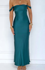 Teal off-shoulder maxi dress with a draped neckline and a smooth, flowing skirt