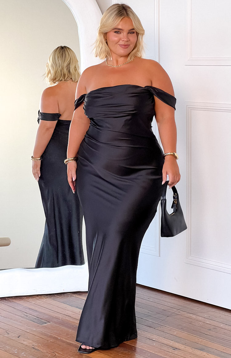 plus size black dress off the shoulder La Femme Off-the-Shoulder Long Plus-Size Dress Black / 24W
