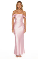 Full length front view of a light pink satin off-shoulder maxi dress with a draped neckline and fitted bodice