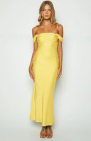 Beginning Boutique Ella Light Yellow Off Shoulder Formal Maxi Dress light yellow satin off-shoulder maxi dress with twisted bust detail