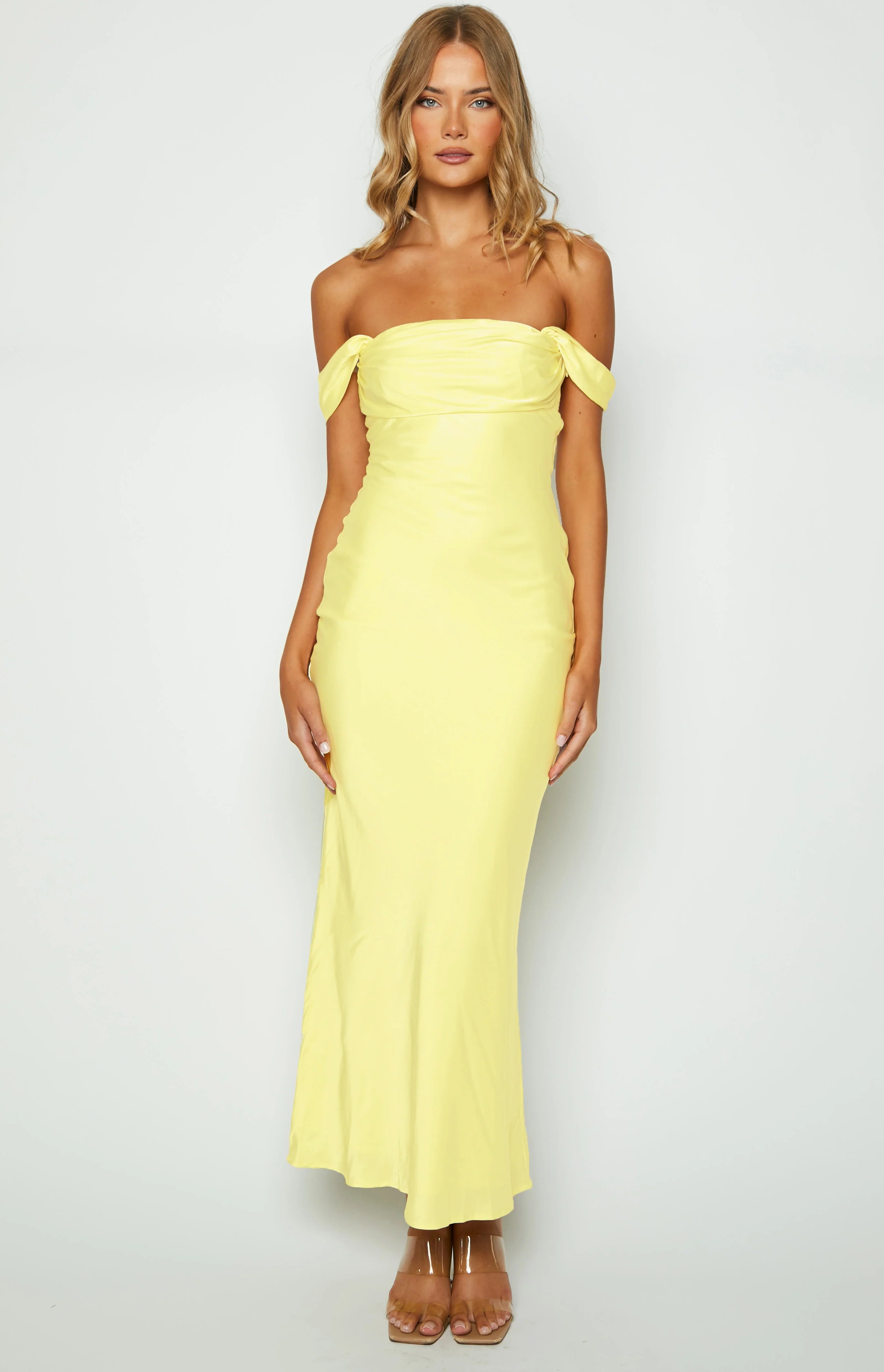 Ella Light Yellow Off Shoulder Formal Maxi Dress - US 18 | Beginning Boutique Exclusive Ella Light Yellow Off Shoulder Formal Maxi Dress - US 18 | Beginning Boutique Exclusive